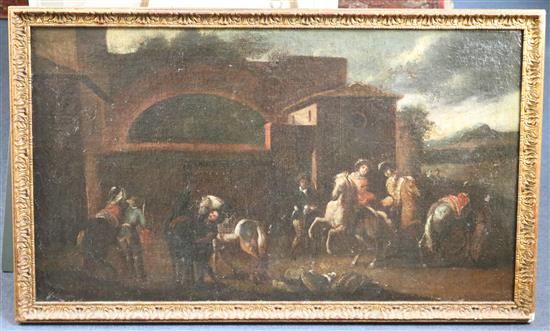 17th century Genoese School Horse riders beside a villa 21 x 37in.